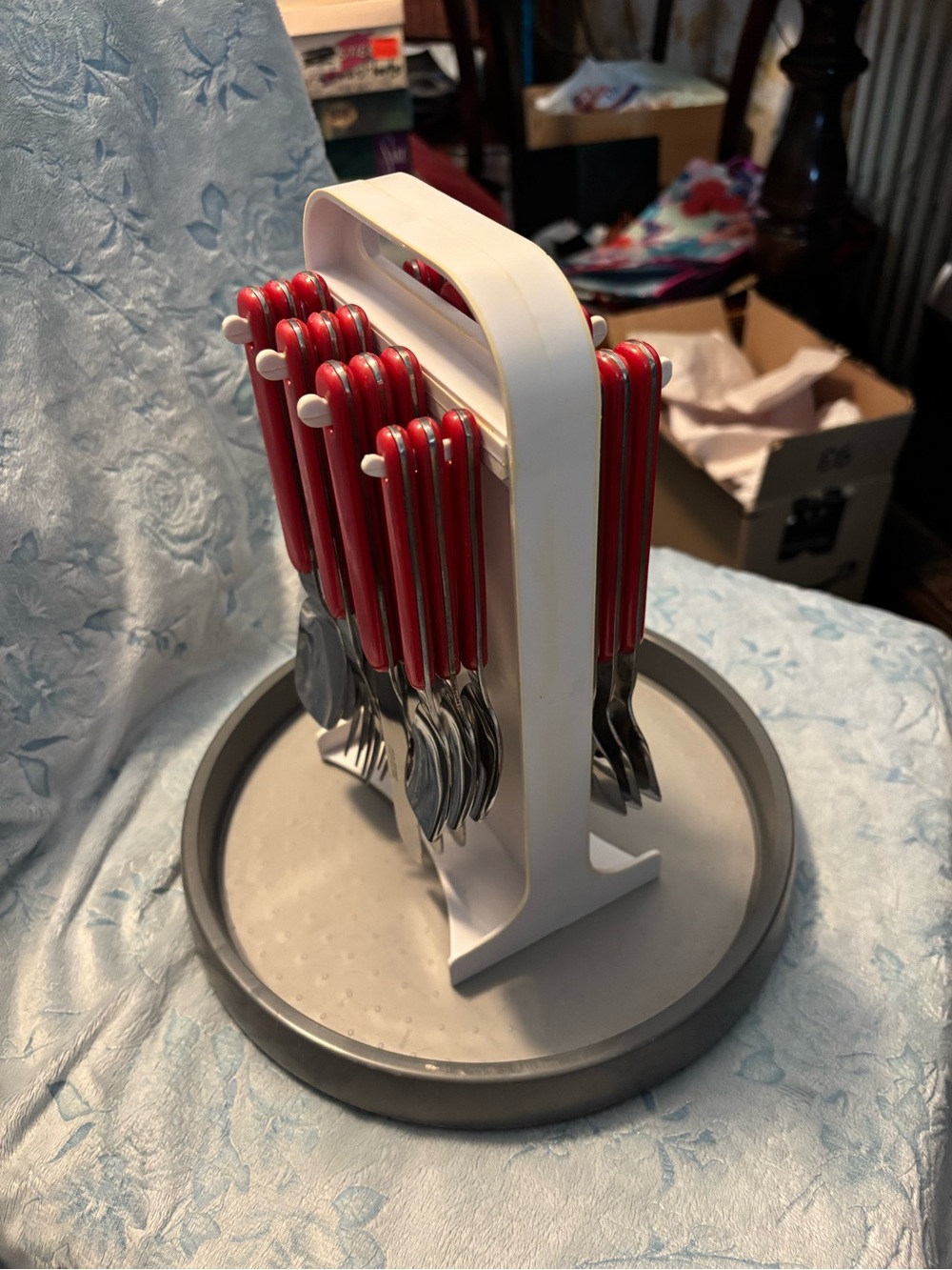 Red Handle Cutlery Set with White Stand - Home Dining-Vintage